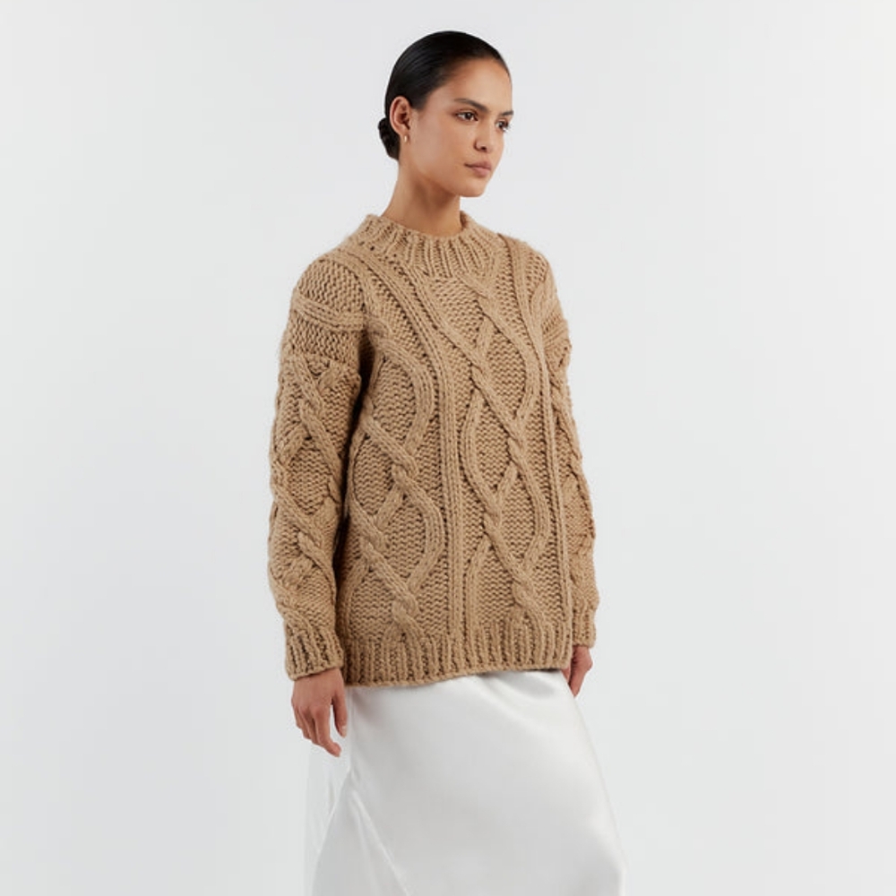 Dissh Ellis Oat Chunky Cable Knit Jumper, Tan Natural Wool Viscose Sweater, XS/S - Picture 5 of 8